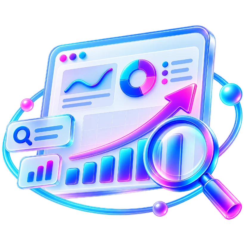 Analytics panels, a magnifying glass, and an upward growth arrow