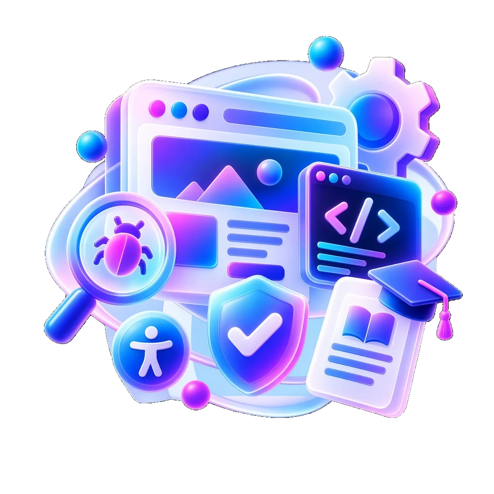 Testing, code, accessibility, and training icons around a product window